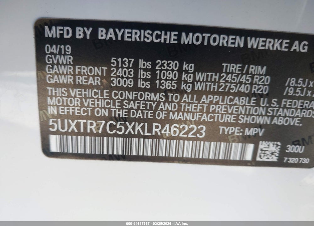 2019 BMW X3 SDRIVE30I VIN: 5UXTR7C5XKLR46223