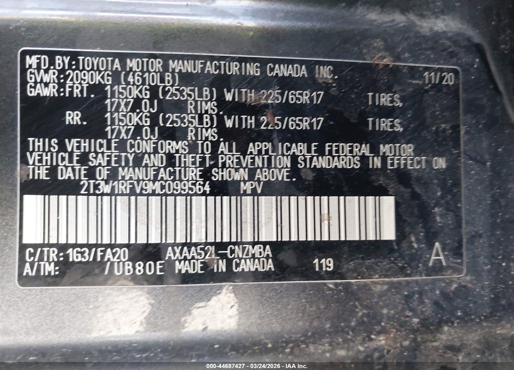 2021 TOYOTA RAV4 XLE VIN: 2T3W1RFV9MC099564