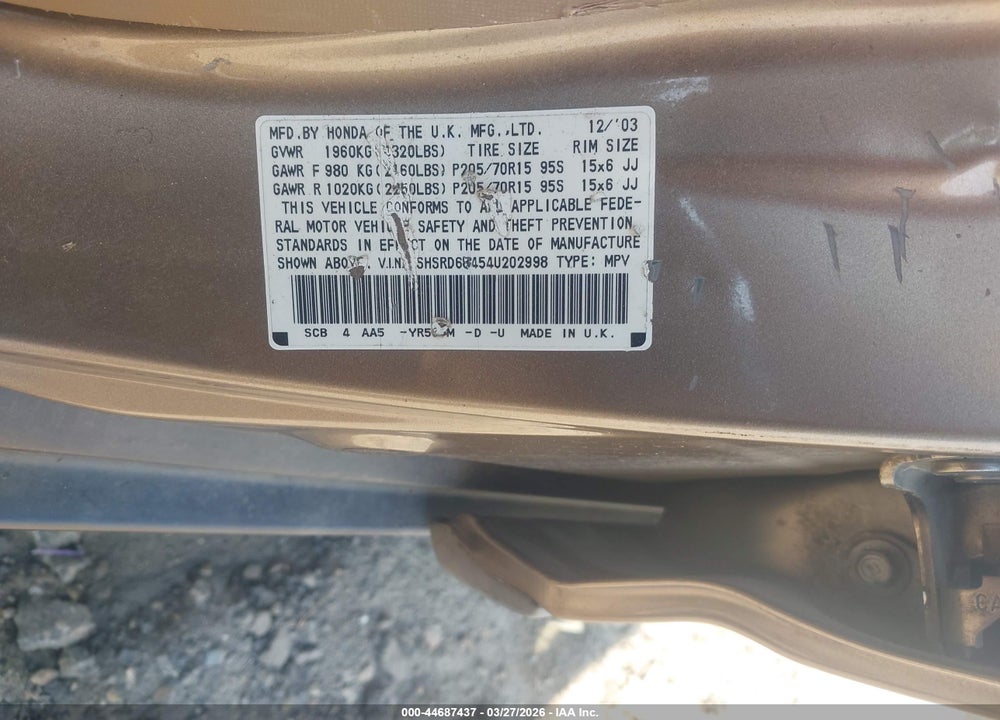 2004 HONDA CR-V LX VIN: SHSRD68454U202998