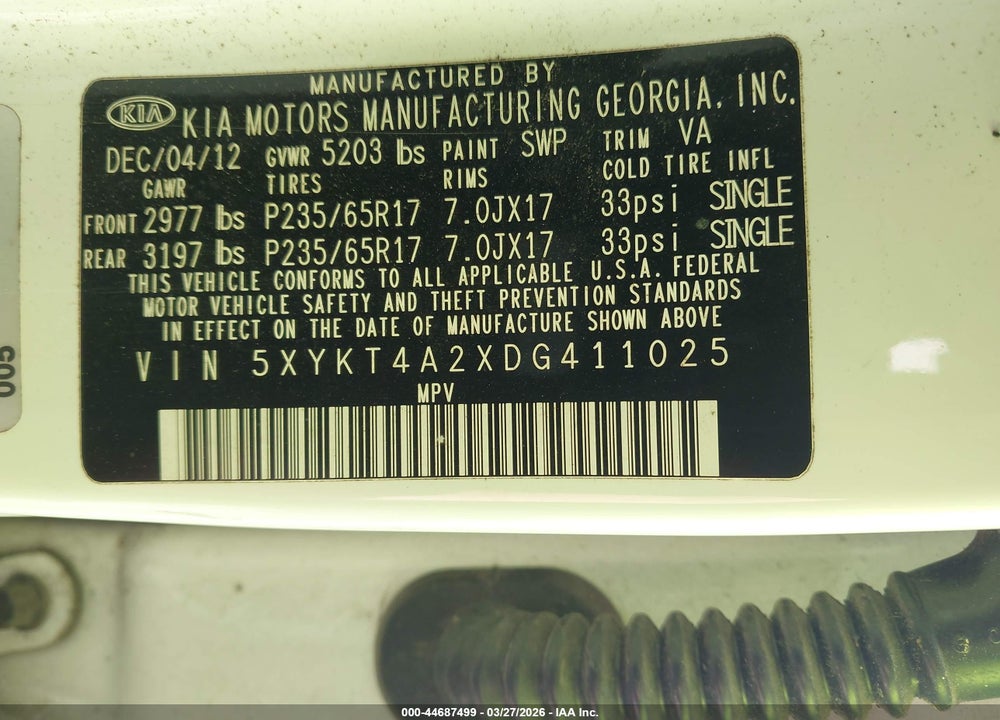 2013 KIA SORENTO LX V6 VIN: 5XYKT4A2XDG411025