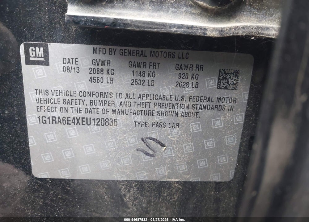 2014 CHEVROLET VOLT VIN: 1G1RA6E4XEU120836