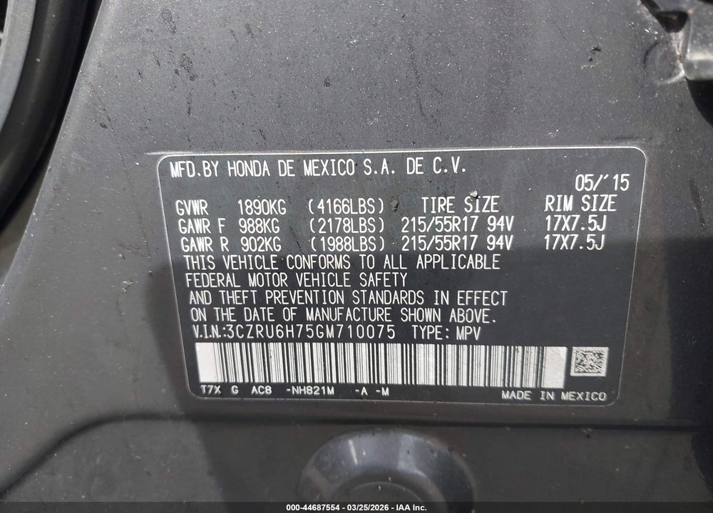 2016 HONDA HR-V EX-L VIN: 3CZRU6H75GM710075