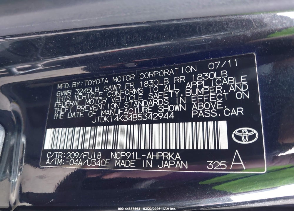 2011 TOYOTA YARIS VIN: JTDKT4K34B5342944