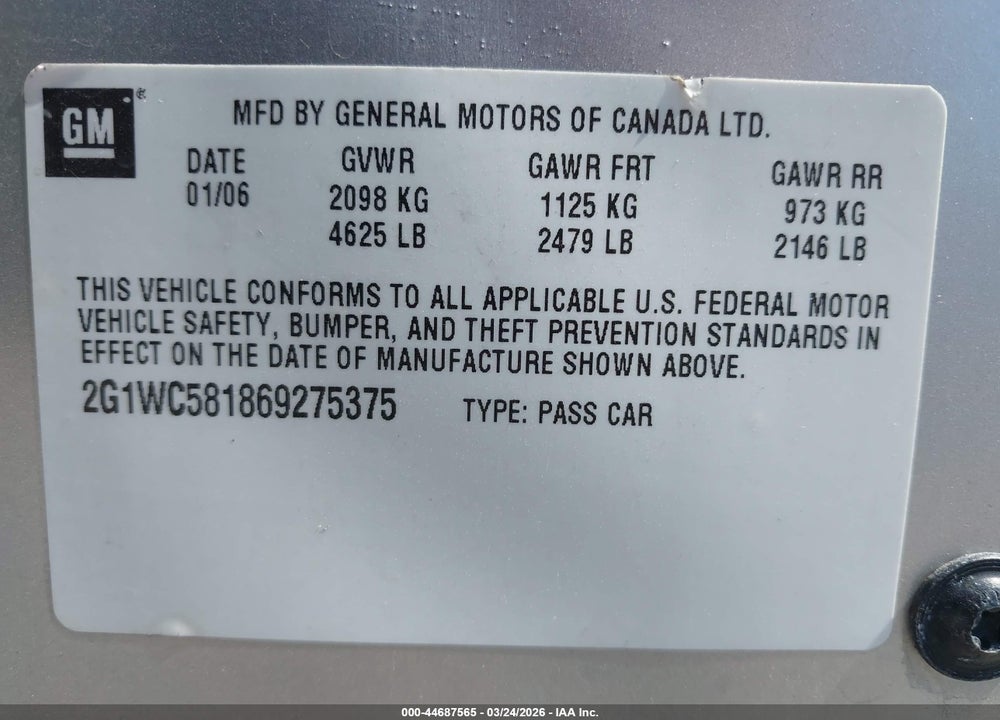 2006 CHEVROLET IMPALA LT VIN: 2G1WC581869275375