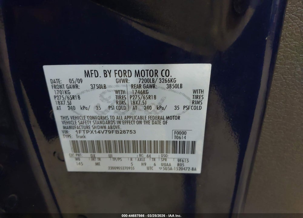 2009 FORD F-150 XLT VIN: 1FTPX14V79FB28753