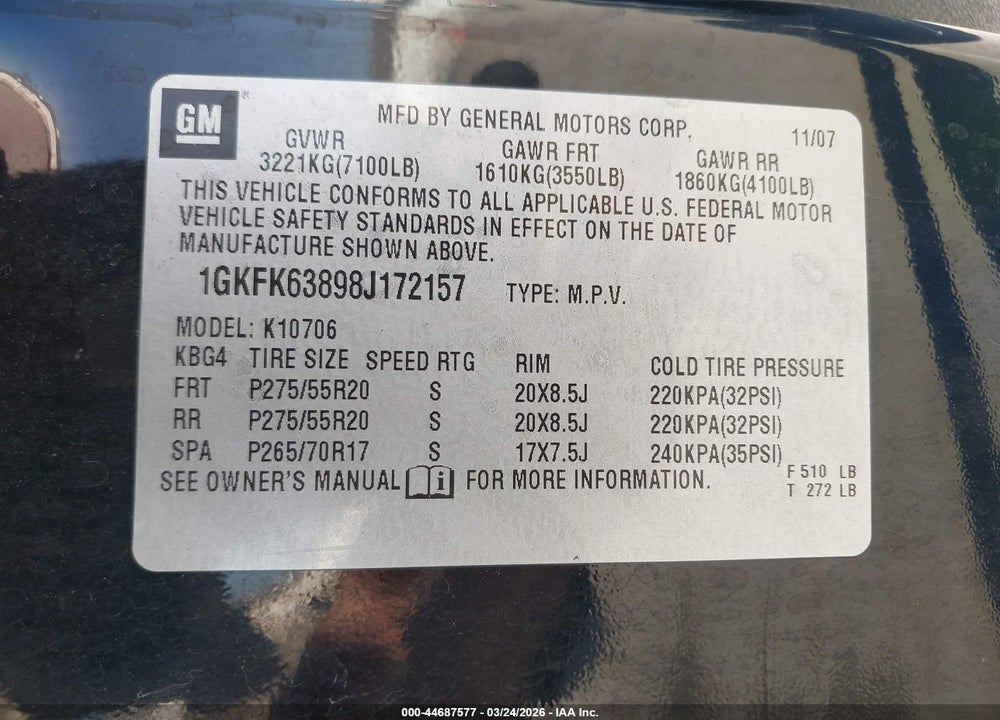 2008 GMC YUKON DENALI VIN: 1GKFK63898J172157