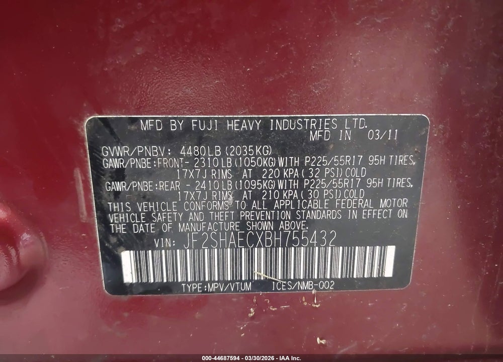 2011 SUBARU FORESTER 2.5X LIMITED VIN: JF2SHAECXBH755432