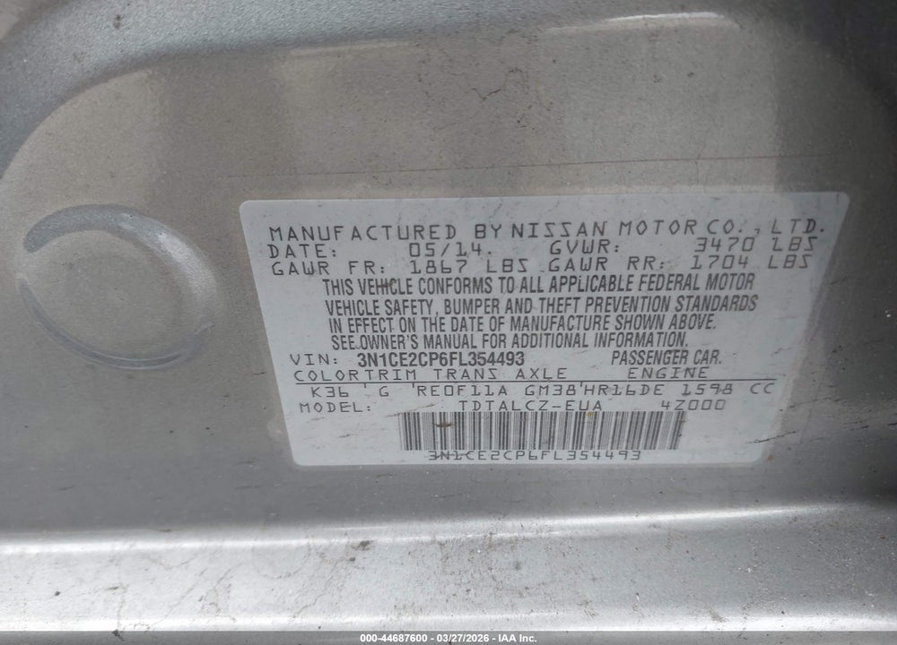 2015 NISSAN VERSA NOTE S PLUS VIN: 3N1CE2CP6FL354493