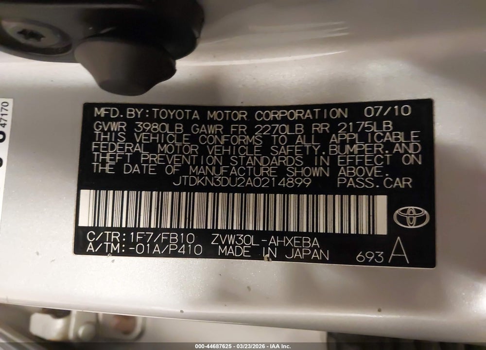 2010 TOYOTA PRIUS II VIN: JTDKN3DU2A0214899