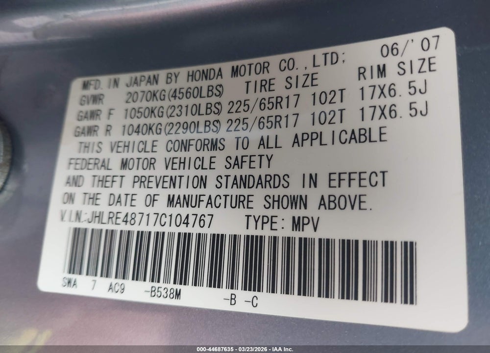 2007 HONDA CR-V EX-L VIN: JHLRE48717C104767