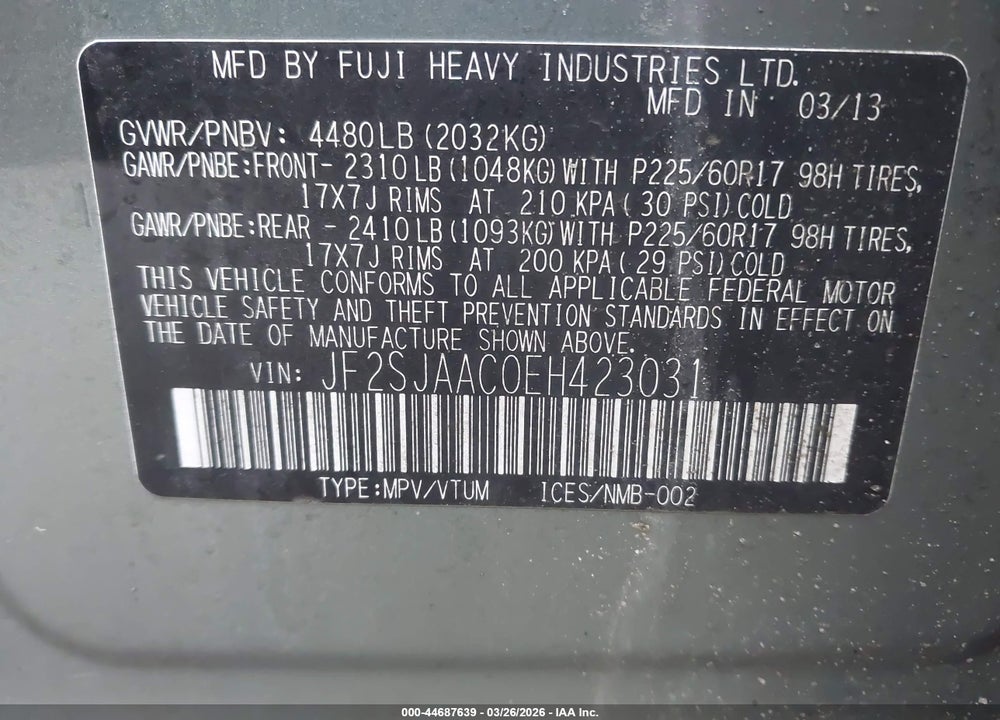 2014 SUBARU FORESTER 2.5I VIN: JF2SJAAC0EH423031