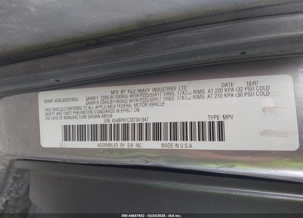 2008 SUBARU OUTBACK 2.5I/2.5I L.L. BEAN EDITION VIN: 4S4BP61C287341947