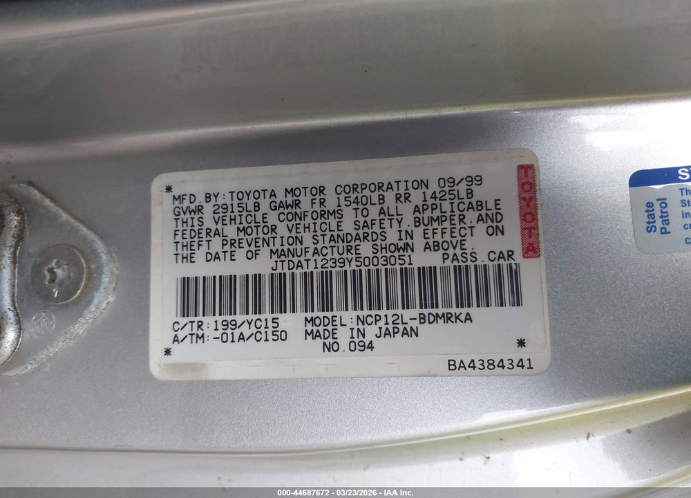 2000 TOYOTA ECHO VIN: JTDAT1239Y5003051