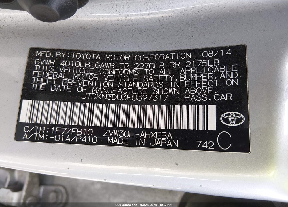 2015 TOYOTA PRIUS TWO VIN: JTDKN3DU3F0397317