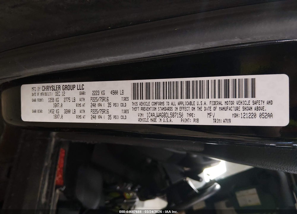 2013 JEEP WRANGLER SPORT VIN: 1C4AJWAG8DL587150