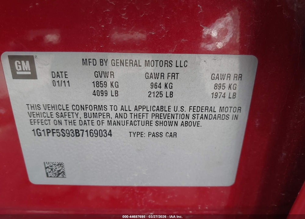 2011 CHEVROLET CRUZE 1LT VIN: 1G1PF5S93B7169034