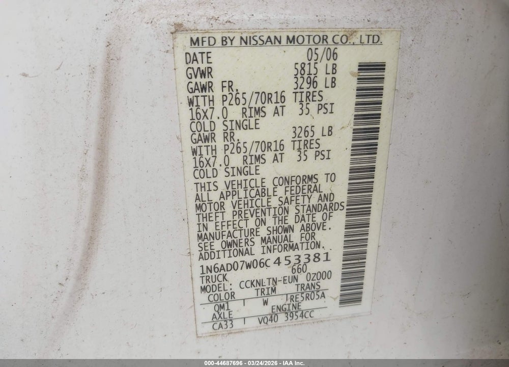 2006 NISSAN FRONTIER SE VIN: 1N6AD07W06C453381