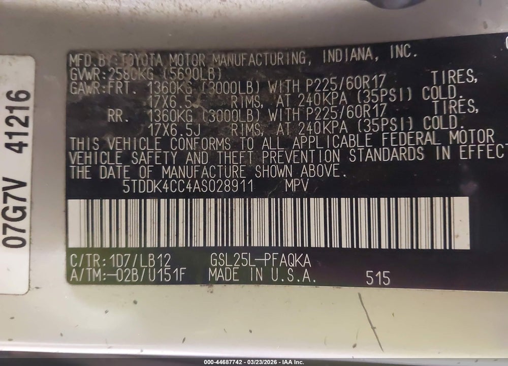 2010 TOYOTA SIENNA LIMITED VIN: 5TDDK4CC4AS028911