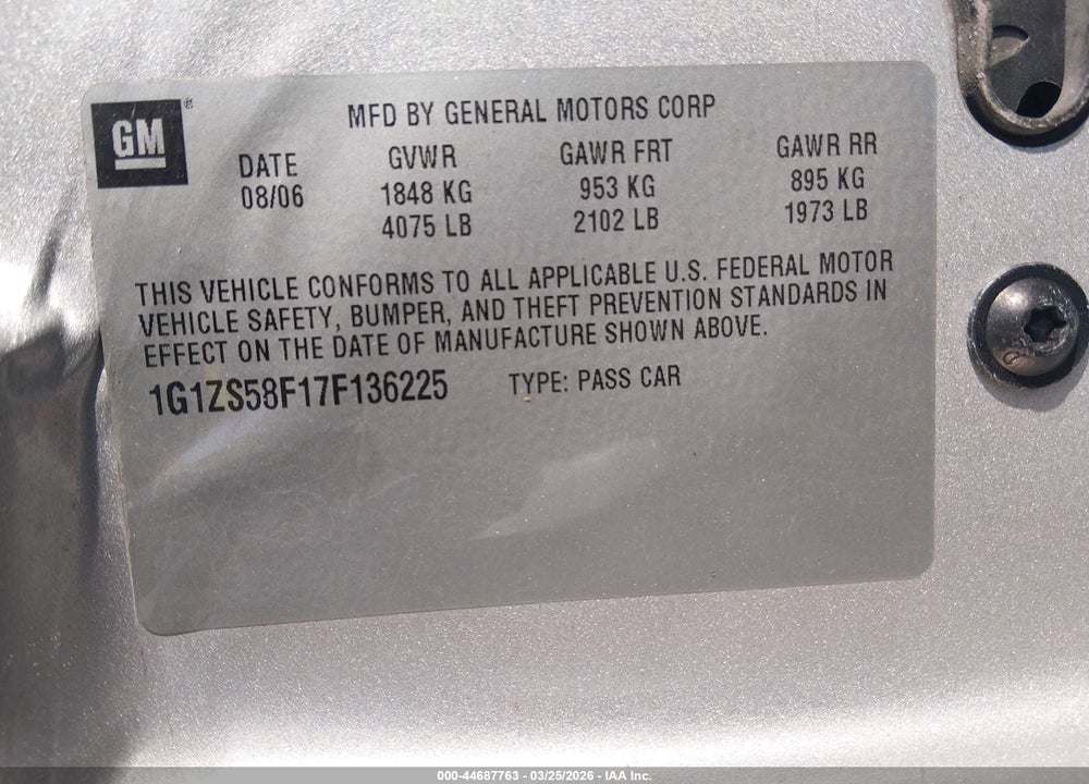 2007 CHEVROLET MALIBU LS VIN: 1G1ZS58F17F136225