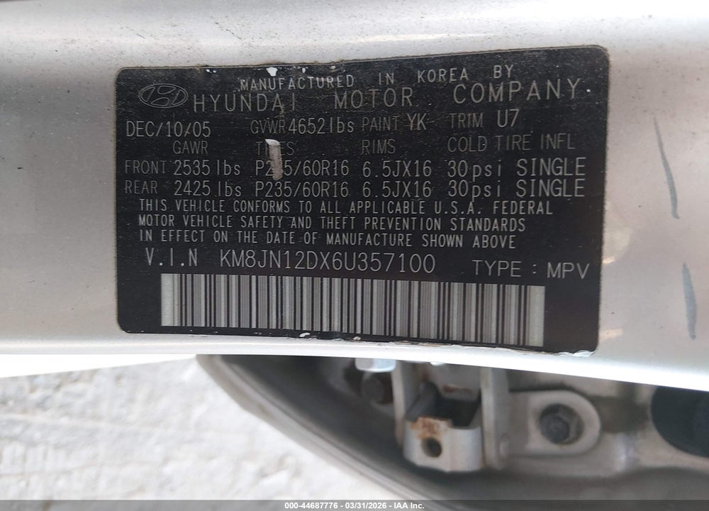 2006 HYUNDAI TUCSON GLS/LIMITED VIN: KM8JN12DX6U357100