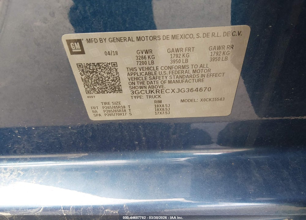 2018 CHEVROLET SILVERADO 1500 1LT VIN: 3GCUKRECXJG364670