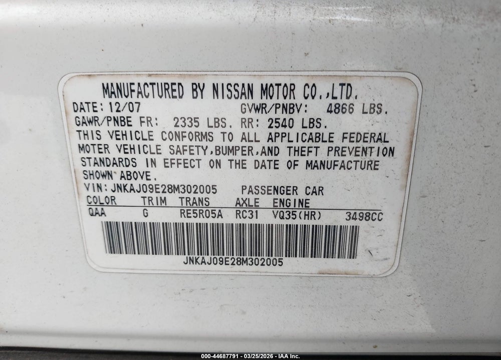 2008 INFINITI EX35 JOURNEY VIN: JNKAJ09E28M302005