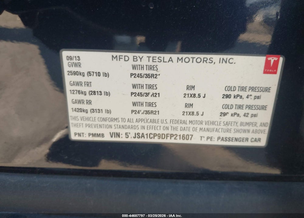2013 TESLA MODEL S PERFORMANCE VIN: 5YJSA1CP9DFP21607