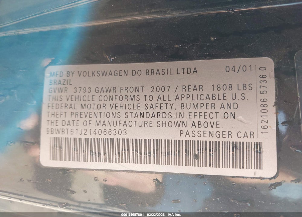 2001 VOLKSWAGEN GOLF GL VIN: 9BWBT61J214066303