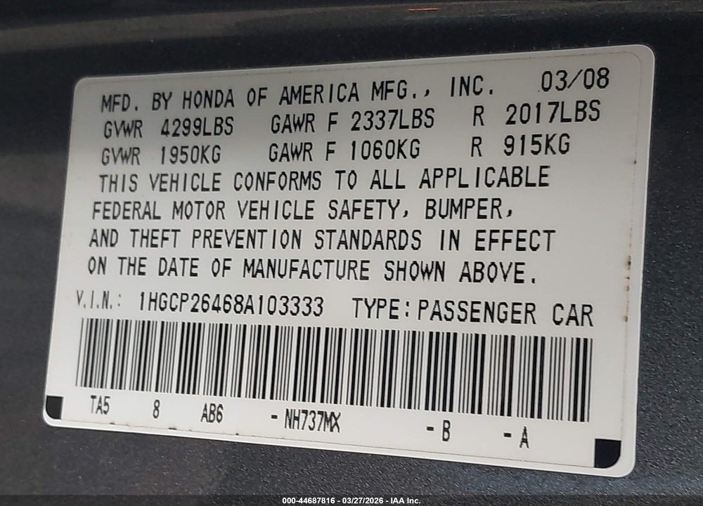 2008 HONDA ACCORD 2.4 LX-P VIN: 1HGCP26468A103333
