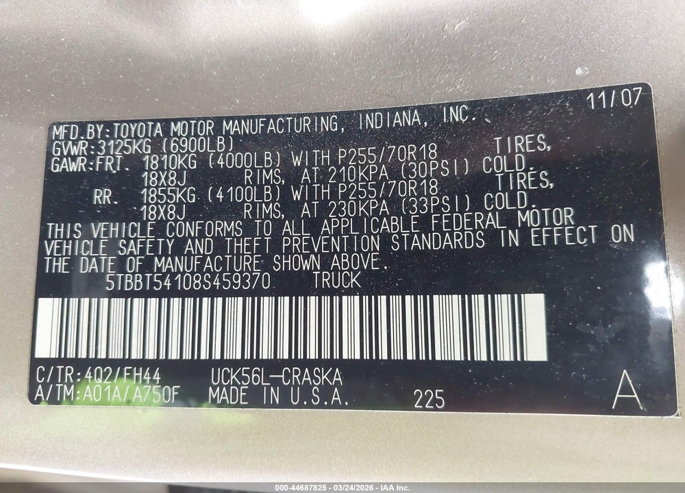 2008 TOYOTA TUNDRA BASE 4.7L V8 VIN: 5TBBT54108S459370