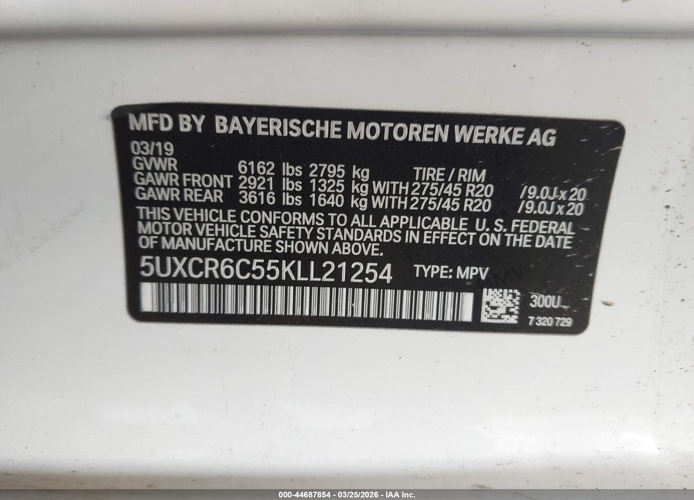 2019 BMW X5 XDRIVE40I VIN: 5UXCR6C55KLL21254