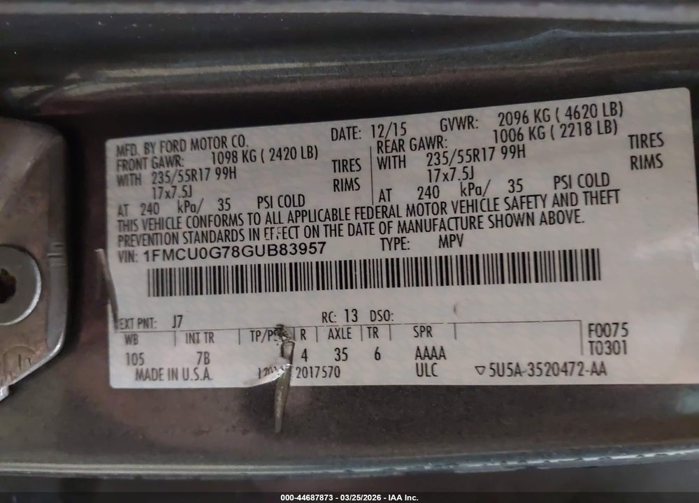2016 FORD ESCAPE SE VIN: 1FMCU0G78GUB83957