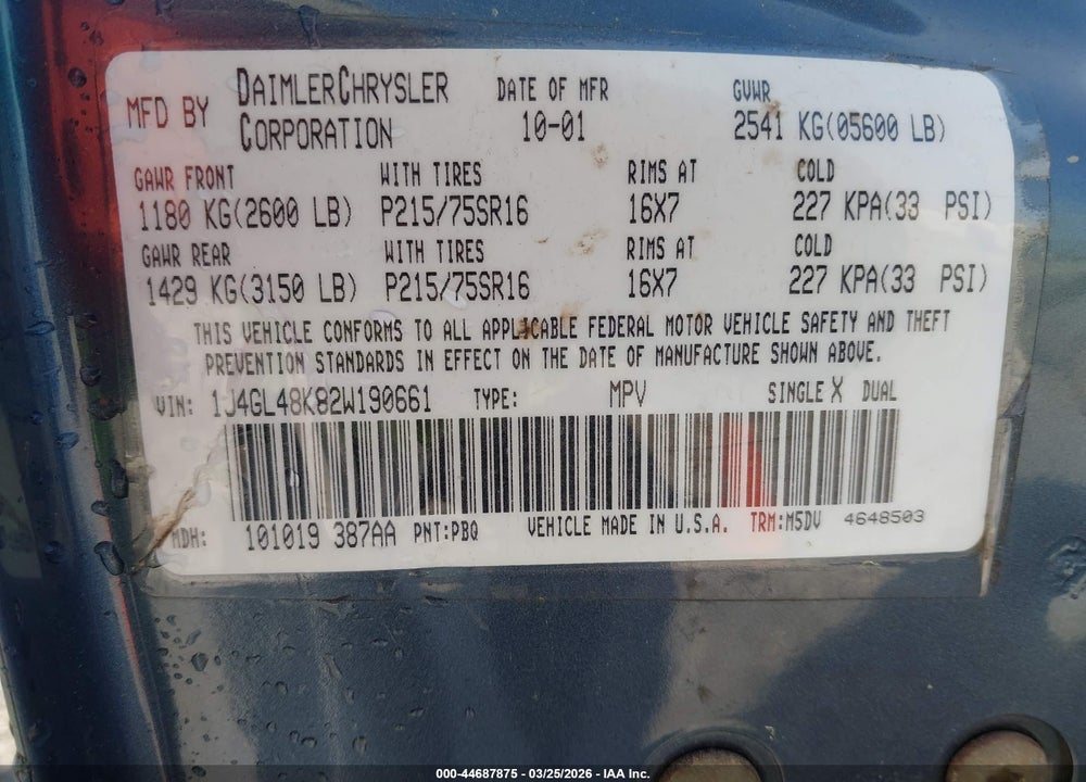 2002 JEEP LIBERTY SPORT VIN: 1J4GL48K82W190661
