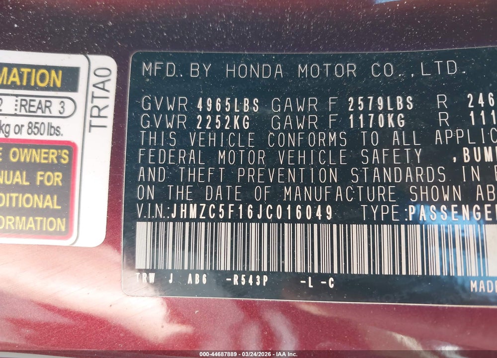2018 HONDA CLARITY PLUG-IN HYBRID VIN: JHMZC5F16JC016049