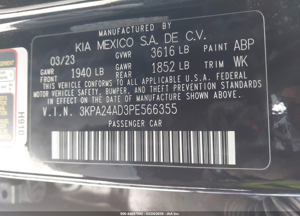 2023 KIA RIO S VIN: 3KPA24AD3PE566355