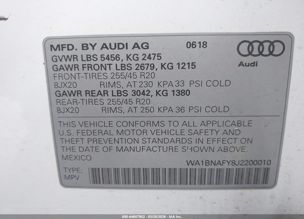 2018 AUDI Q5 2.0T PREMIUM/2.0T TECH PREMIUM VIN: WA1BNAFY8J2200010