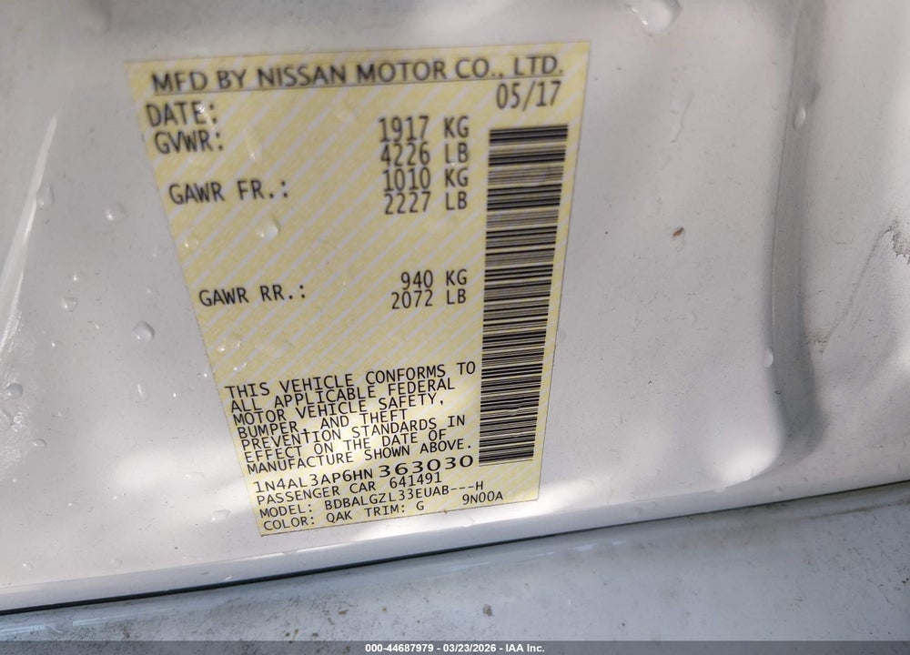 2017 NISSAN ALTIMA 2.5 S VIN: 1N4AL3AP6HN363030