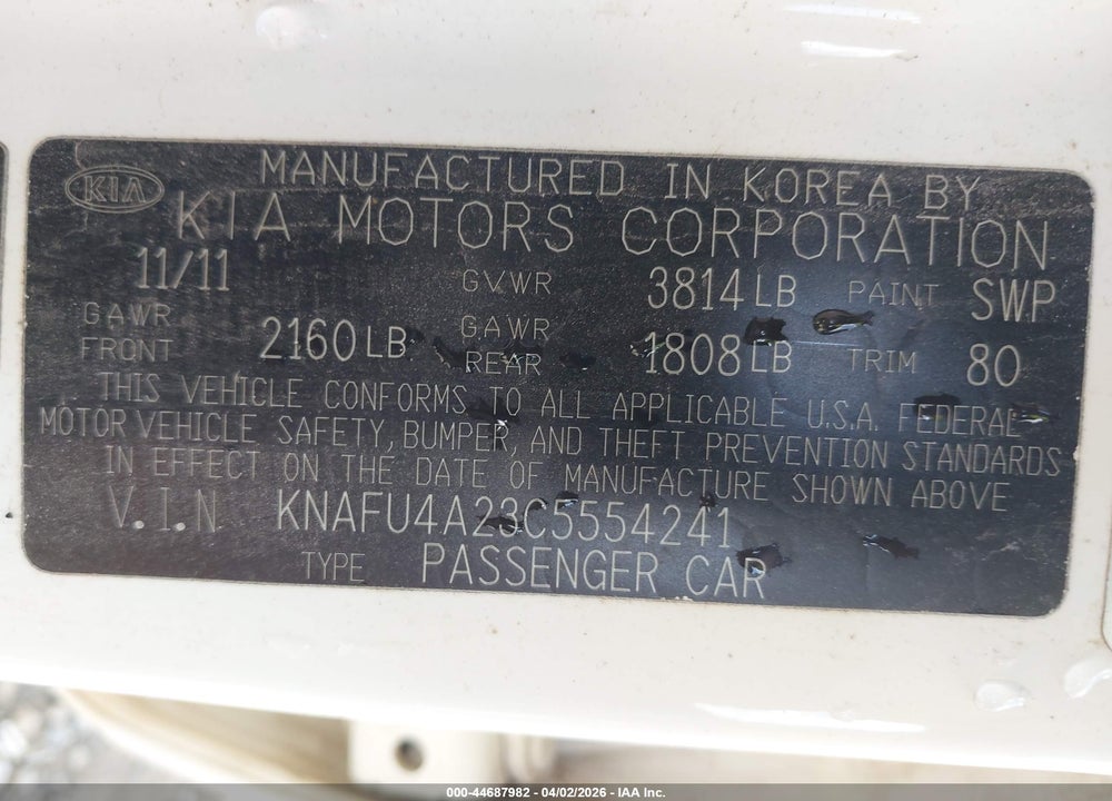2012 KIA FORTE EX VIN: KNAFU4A23C5554241
