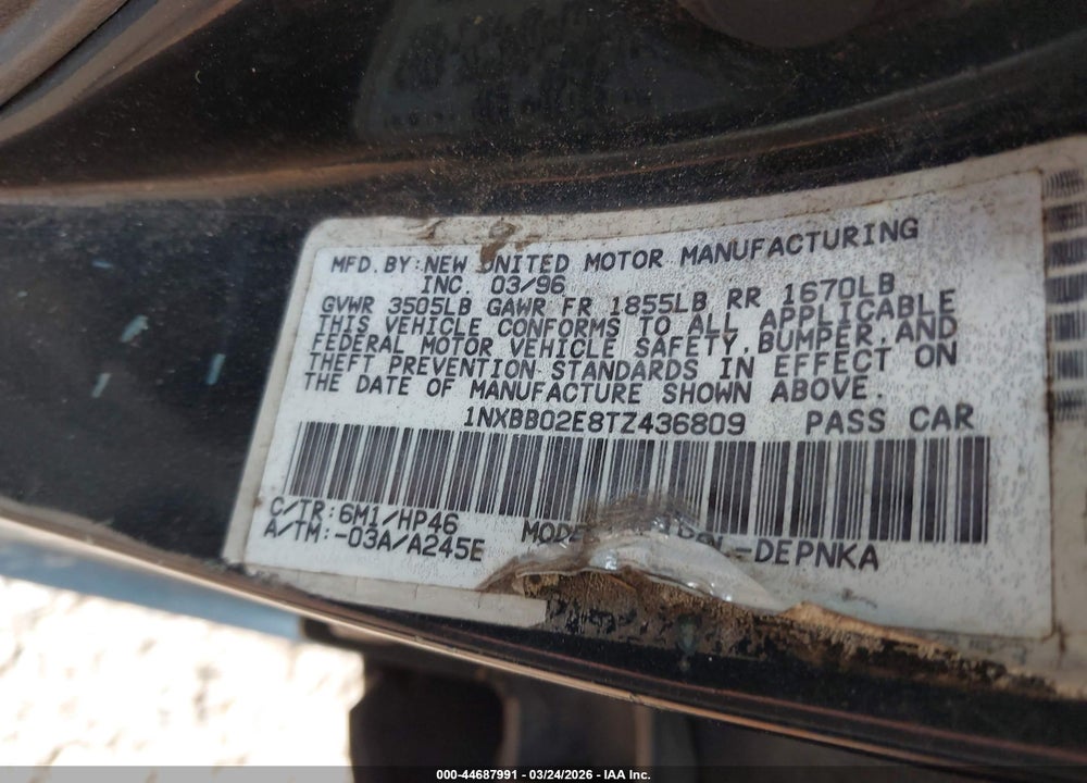 1996 TOYOTA COROLLA DX VIN: 1NXBB02E8TZ436809