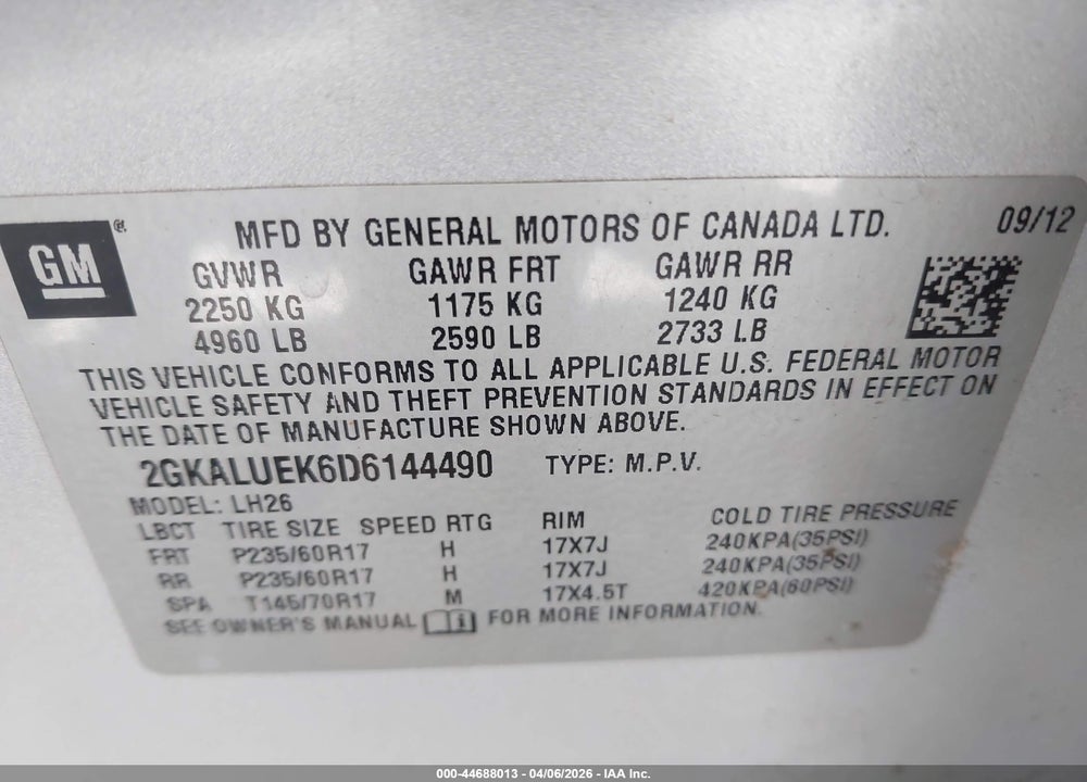 2013 GMC TERRAIN SLT-1 VIN: 2GKALUEK6D6144490