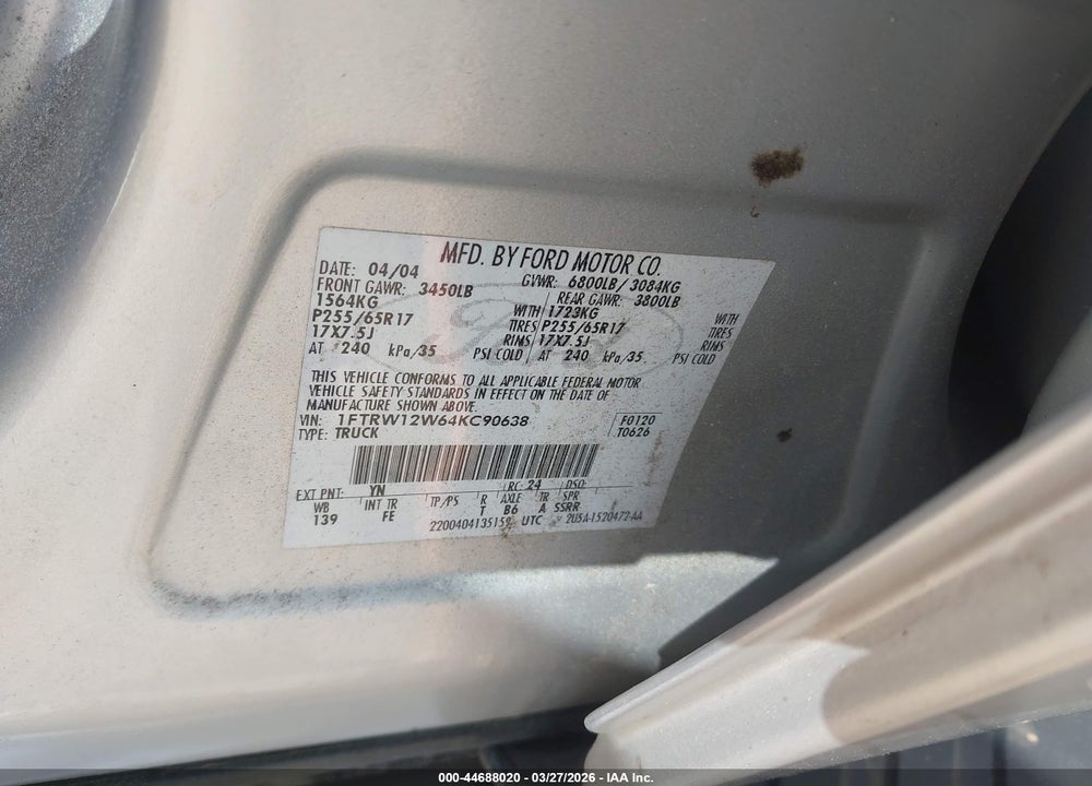 2004 FORD F-150 XLT VIN: 1FTRW12W64KC90638