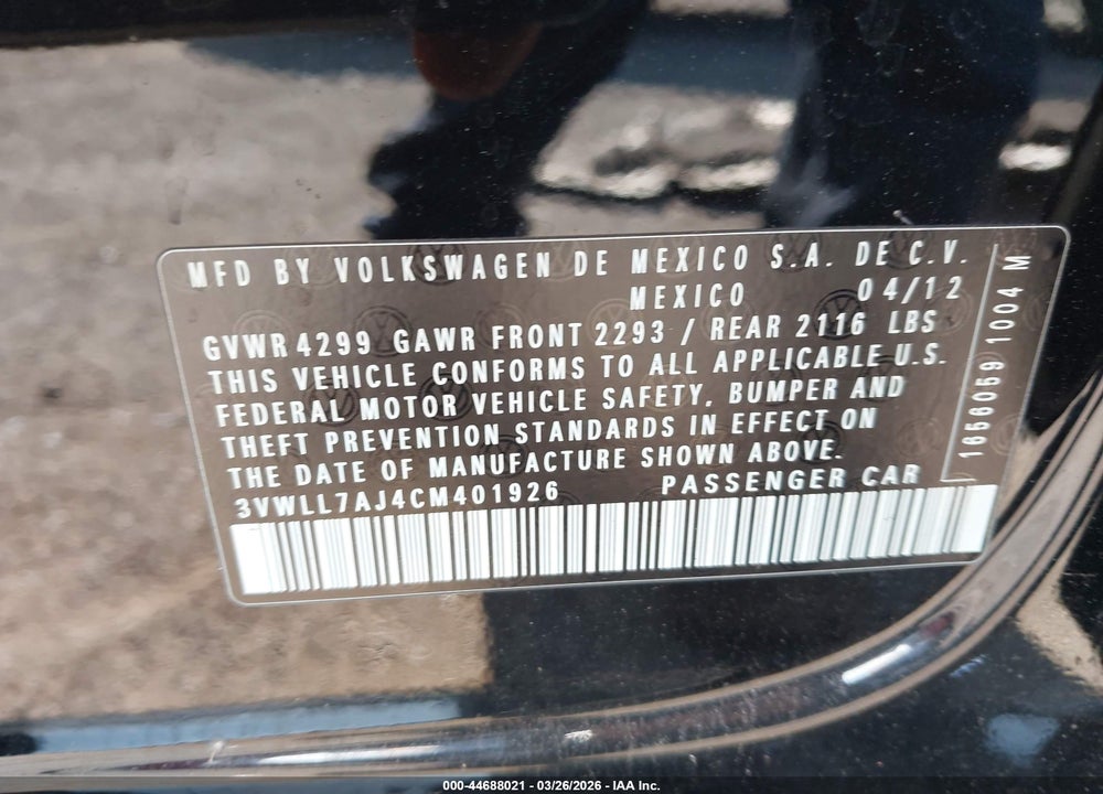 2012 VOLKSWAGEN JETTA 2.0L TDI VIN: 3VWLL7AJ4CM401926