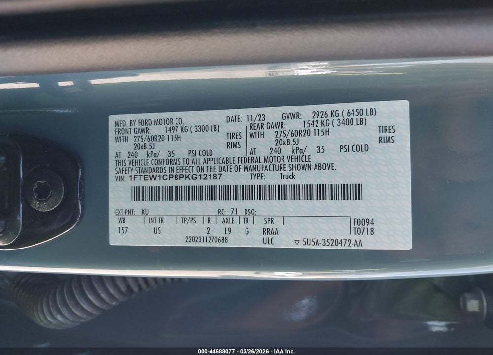 2023 FORD F-150 XLT VIN: 1FTEW1CP8PKG12187