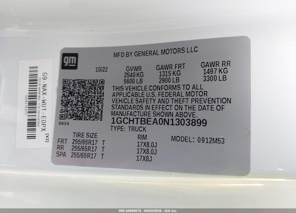 2022 CHEVROLET COLORADO 4WD  LONG BOX WT VIN: 1GCHTBEA0N1303899