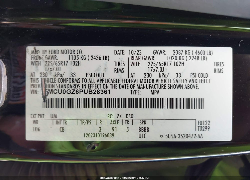 2023 FORD ESCAPE ACTIVE VIN: 1FMCU0GZ6PUB28361
