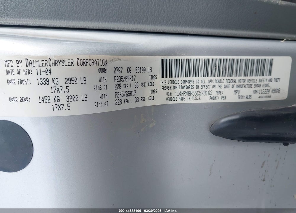 2005 JEEP GRAND CHEROKEE LAREDO VIN: 1J4HR48N55C579163