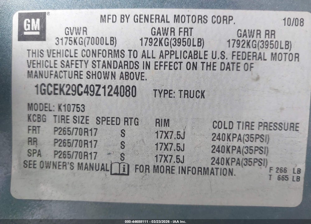 2009 CHEVROLET SILVERADO 1500 LT VIN: 1GCEK29C49Z124080