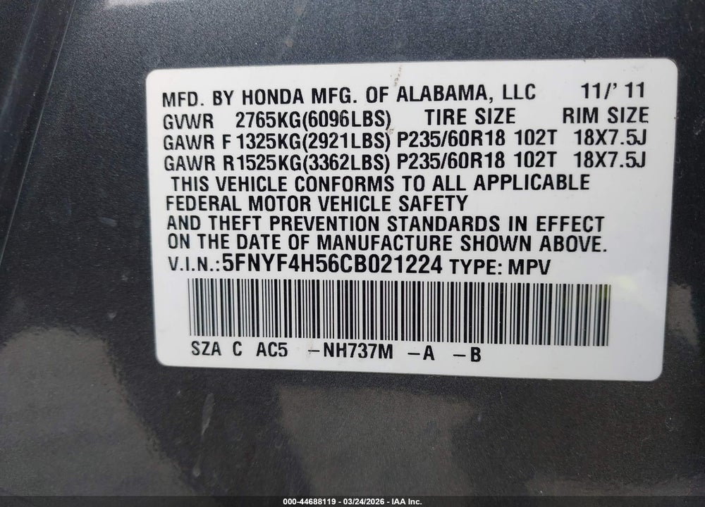 2012 HONDA PILOT EX-L VIN: 5FNYF4H56CB021224