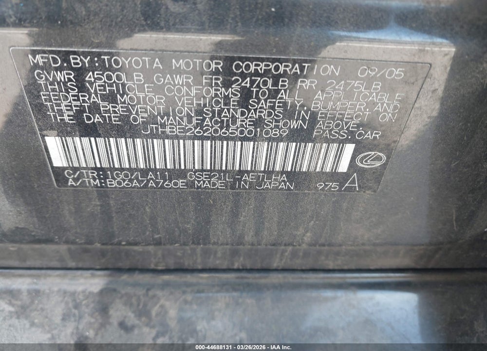 2006 LEXUS IS 350 VIN: JTHBE262065001089