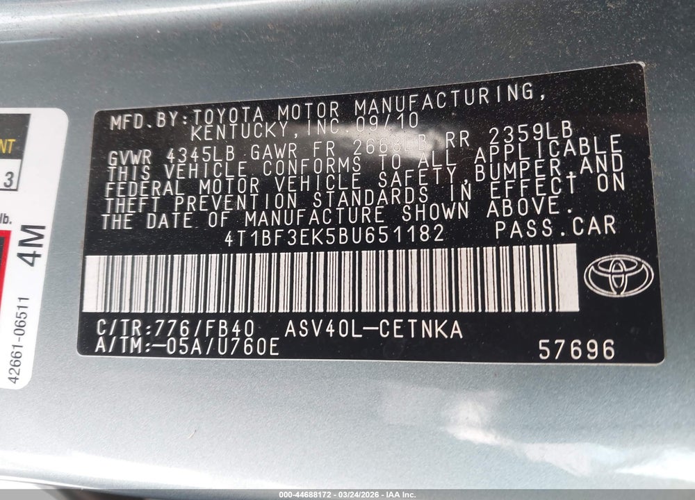 2011 TOYOTA CAMRY LE VIN: 4T1BF3EK5BU651182